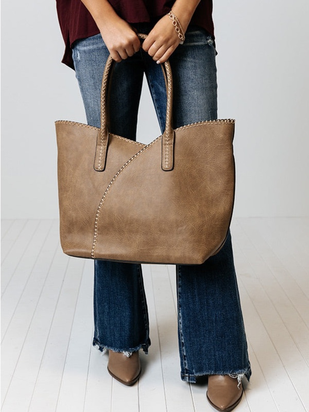 Boutique Khaki Faux Leather Diagonal Stitched Tote Shoulder Bag NWT